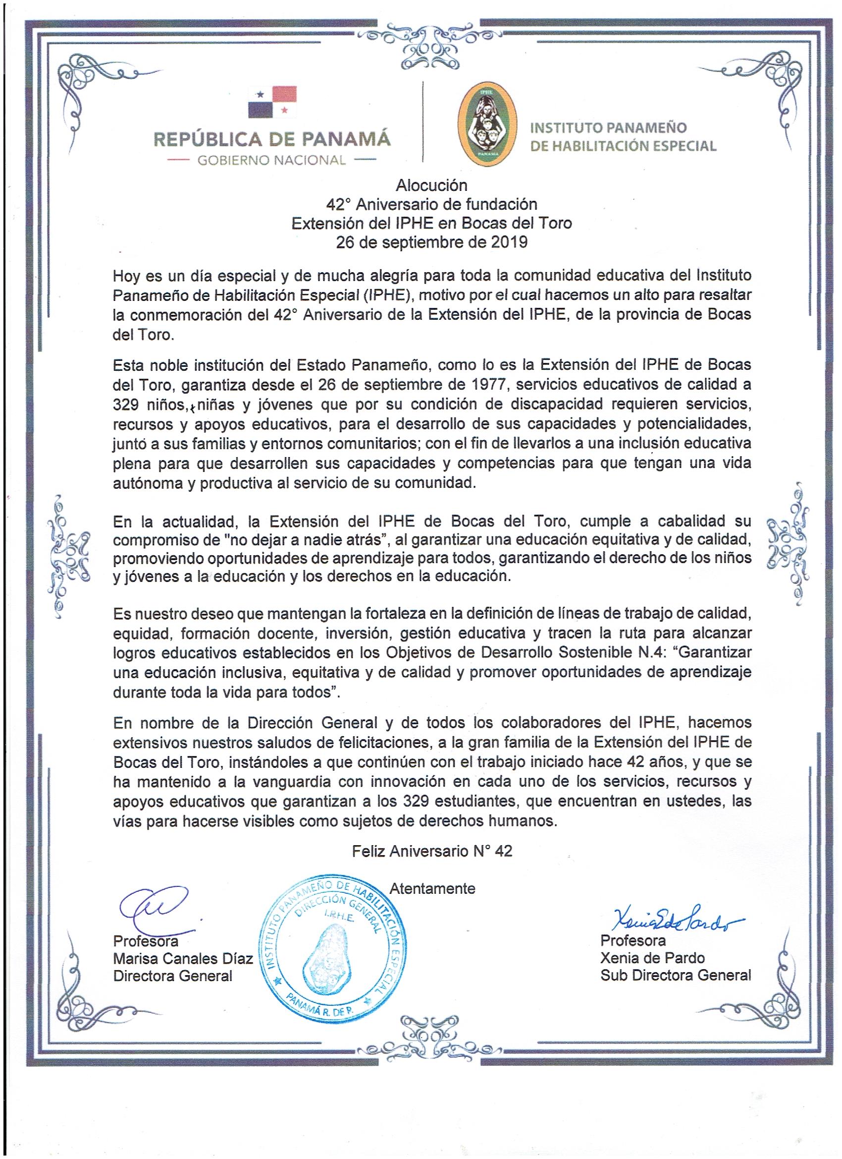 42° Aniversario de Fundación Extensión del IPHE en Bocas del Toro