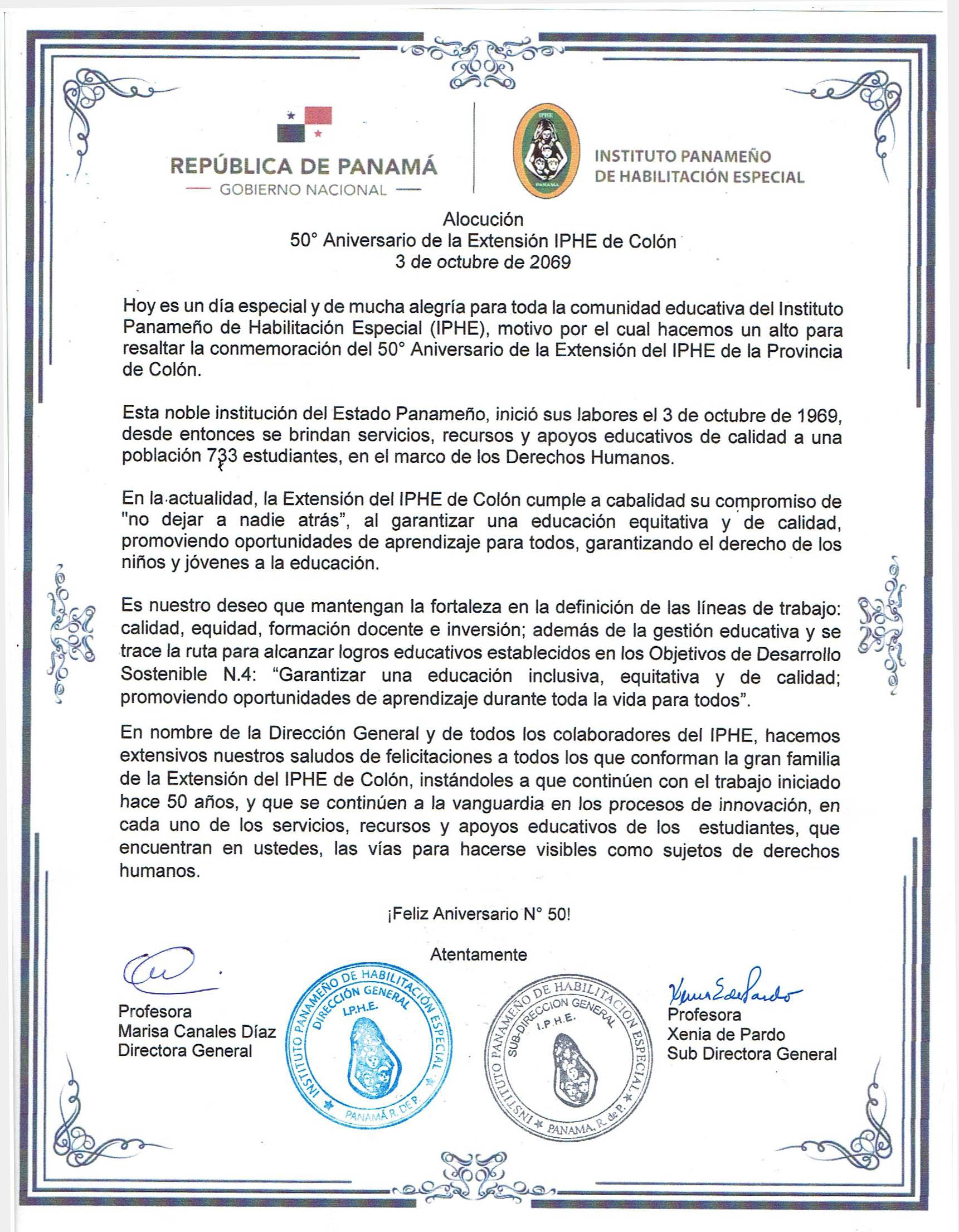 Alocución Aniversario  Extensión IPHE de Colón
