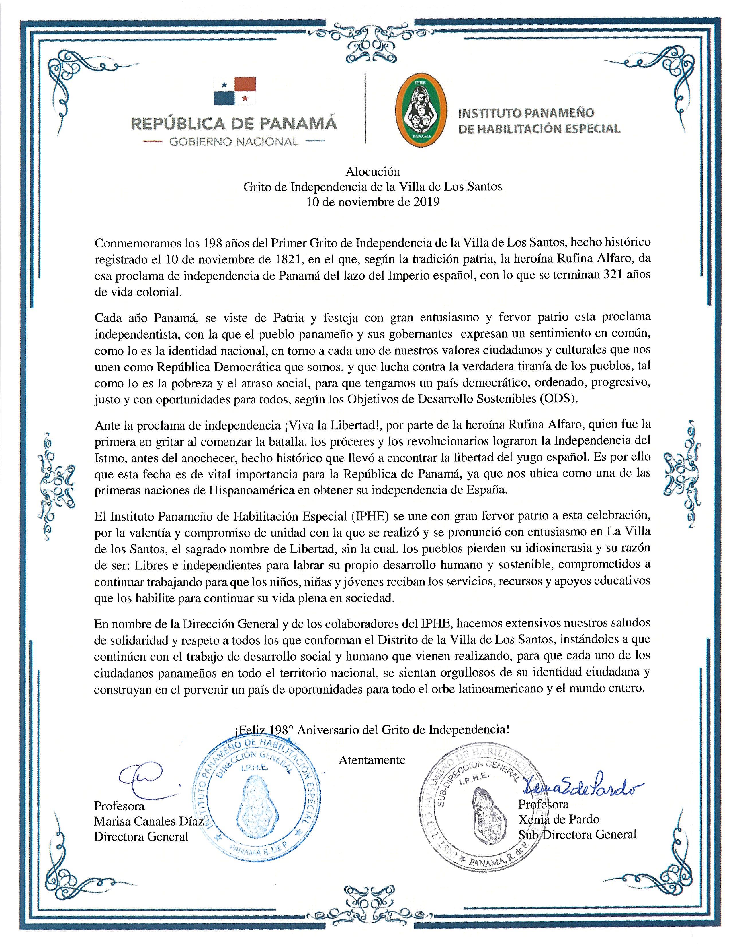 Alocución de  Grito de Independencia de la Villa de Los Santos