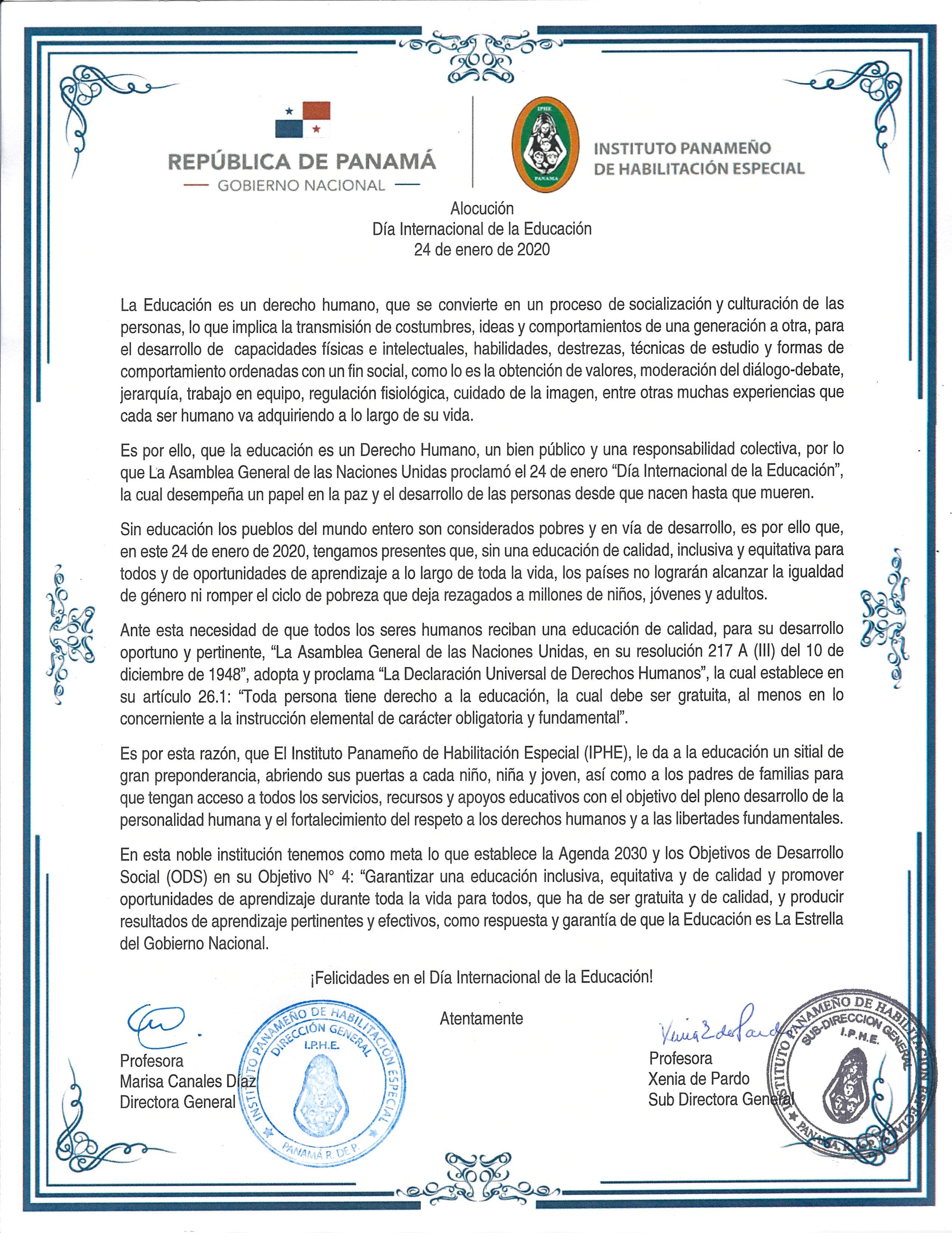 Alocución Día Internacional de la Educación