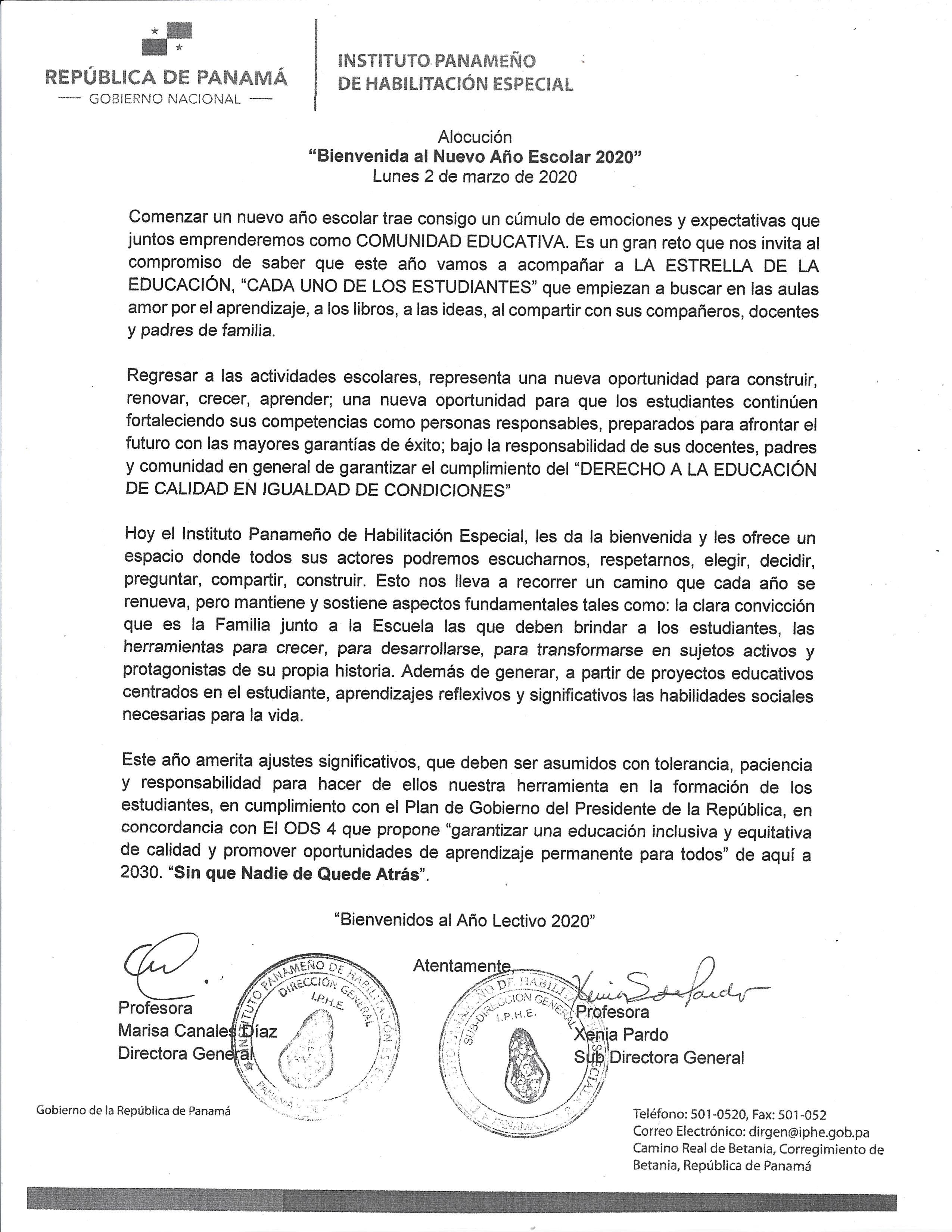Alocución Bienvenida al nuevo Año Escolar 2020