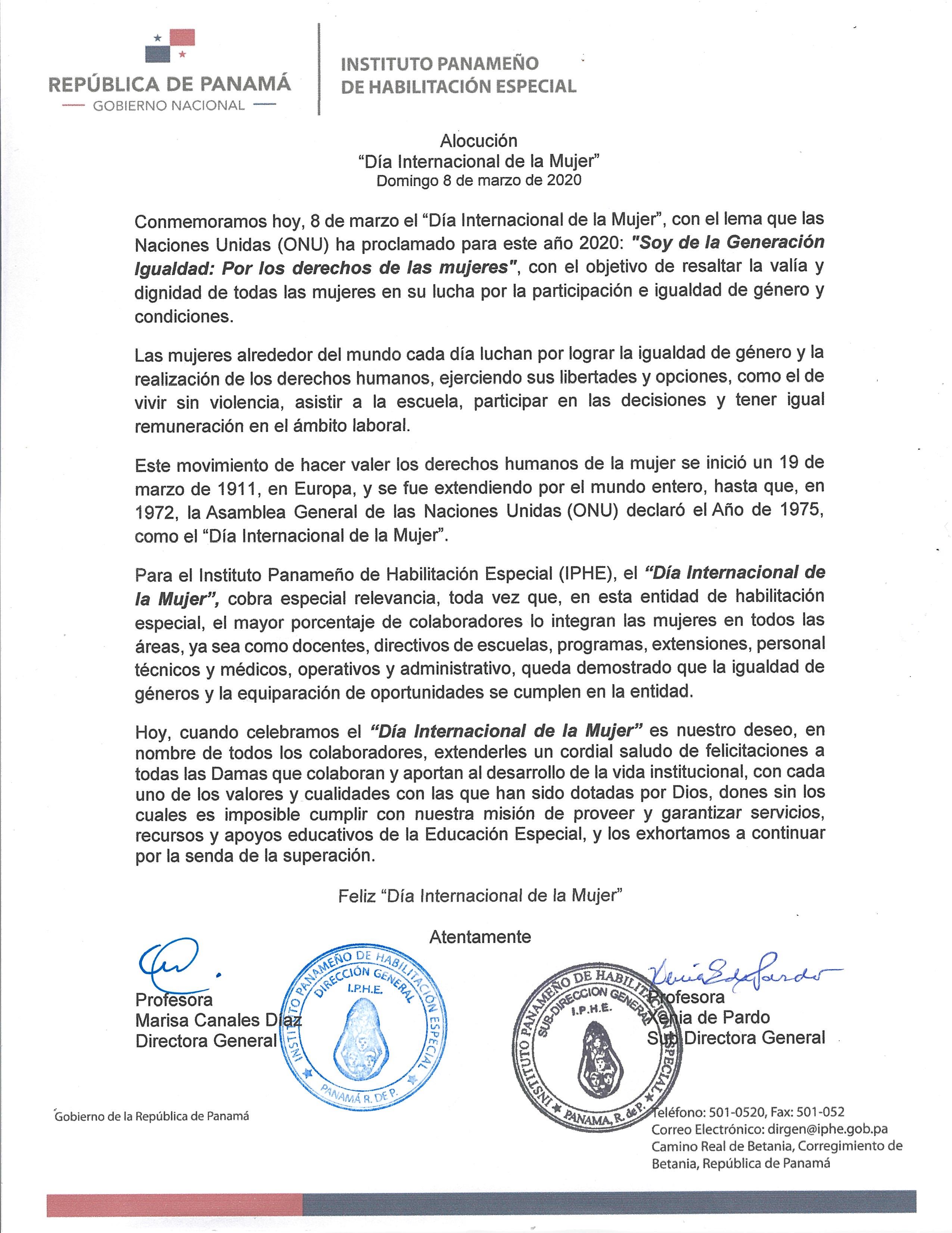 Alocución Día Internacional de la Mujer