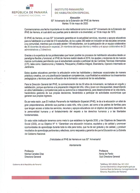 Alocución  50° Aniversario de la Extensión del IPHE de Herrera Martes 19 de mayo de 2020