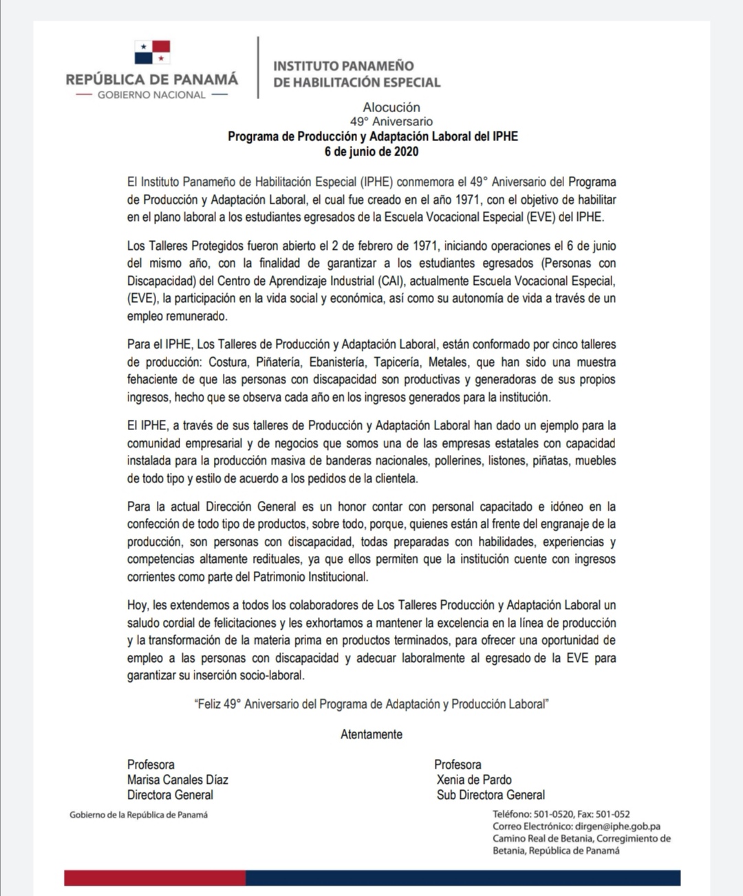 Alocución  49° Aniversario   Programa de Producción y Adaptación Laboral del IPHE