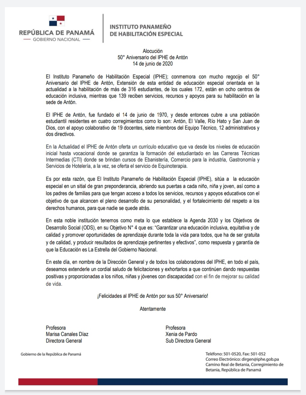 Alocución 50° Aniversario IPHE Extensión Antón