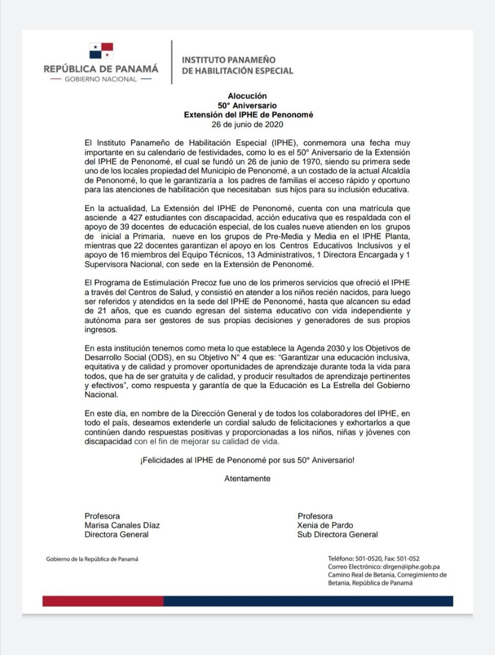 Alocución 50° Aniversario  Extensión del IPHE de Penonomé
