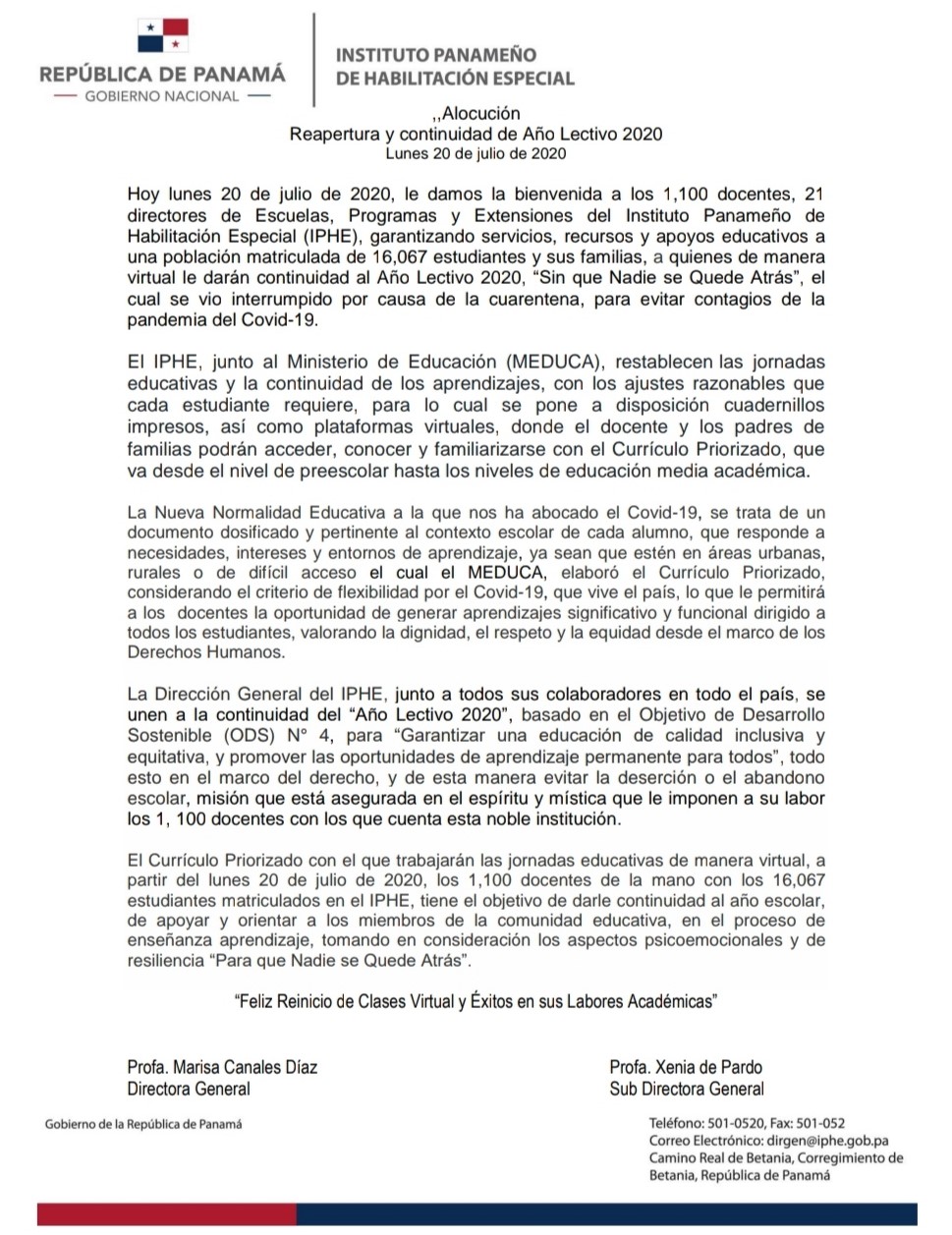 Alocución Reapertura y continuidad de Año Lectivo 2020 Lunes 20 de julio de 2020
