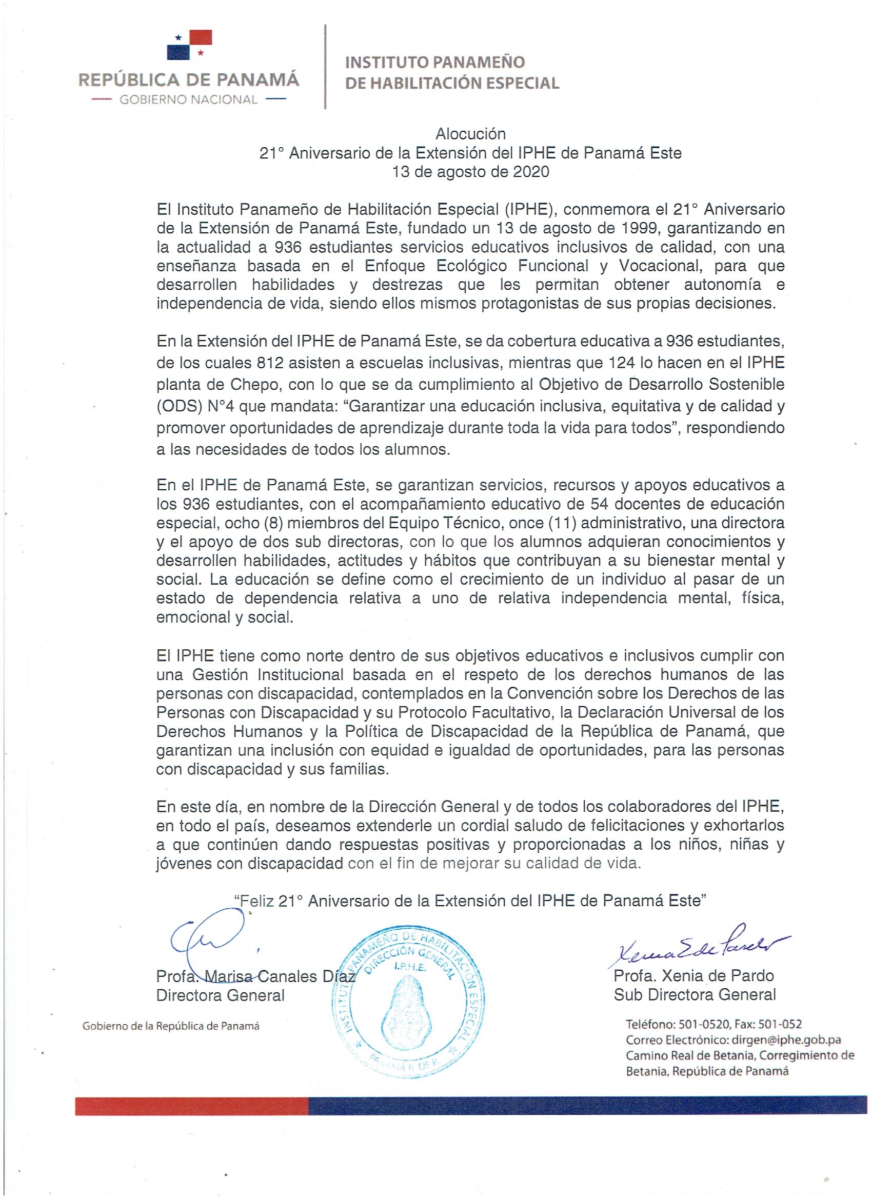 21º Aniversario de la Extensión del IPHE de Panamá Este 13 de Agosto de 2020