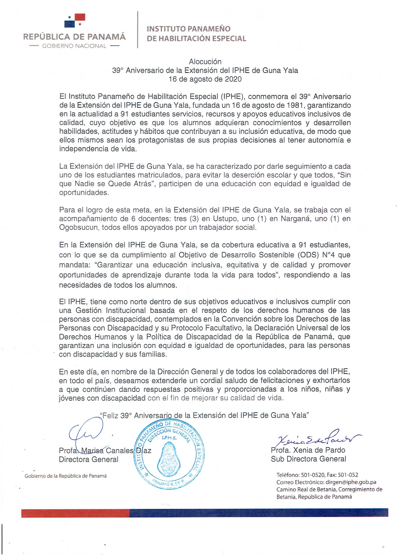 39º Aniversario de la Extensión del IPHE de Guna Yala 16 de Agosto de 2020