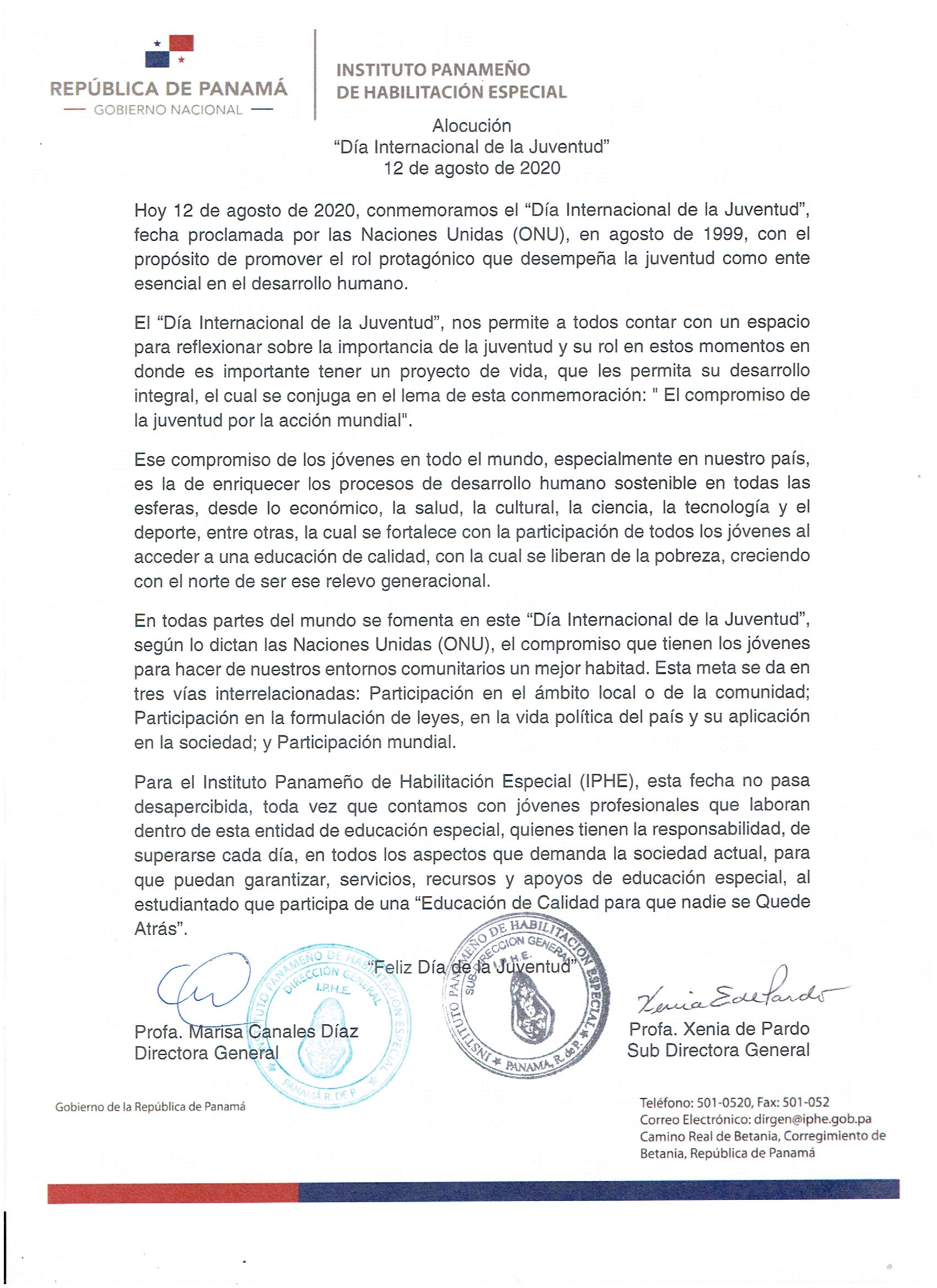 Alocución Día Internacional de la Juventud