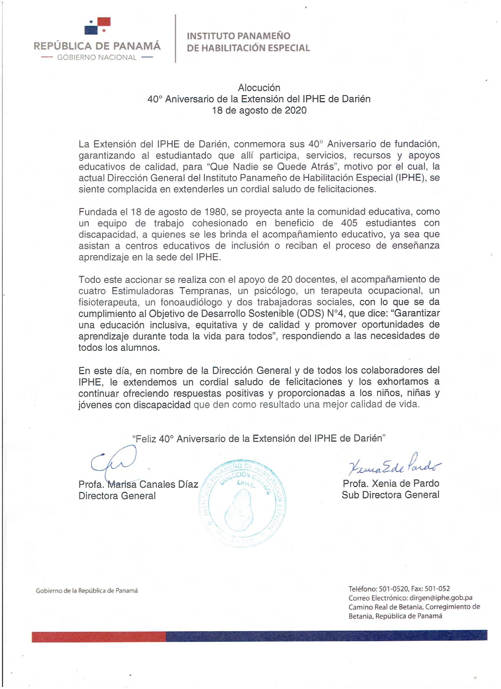 40º Aniversario de la Extensión del IPHE de Darien 18 de Agosto de 2020