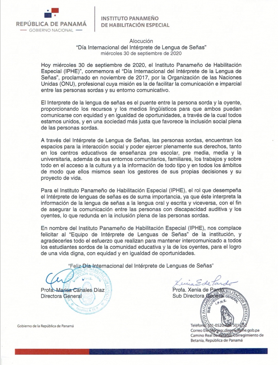 Alocución Día Internacional del Intérprete de Lengua de Señas 30 de septiembre de 2020