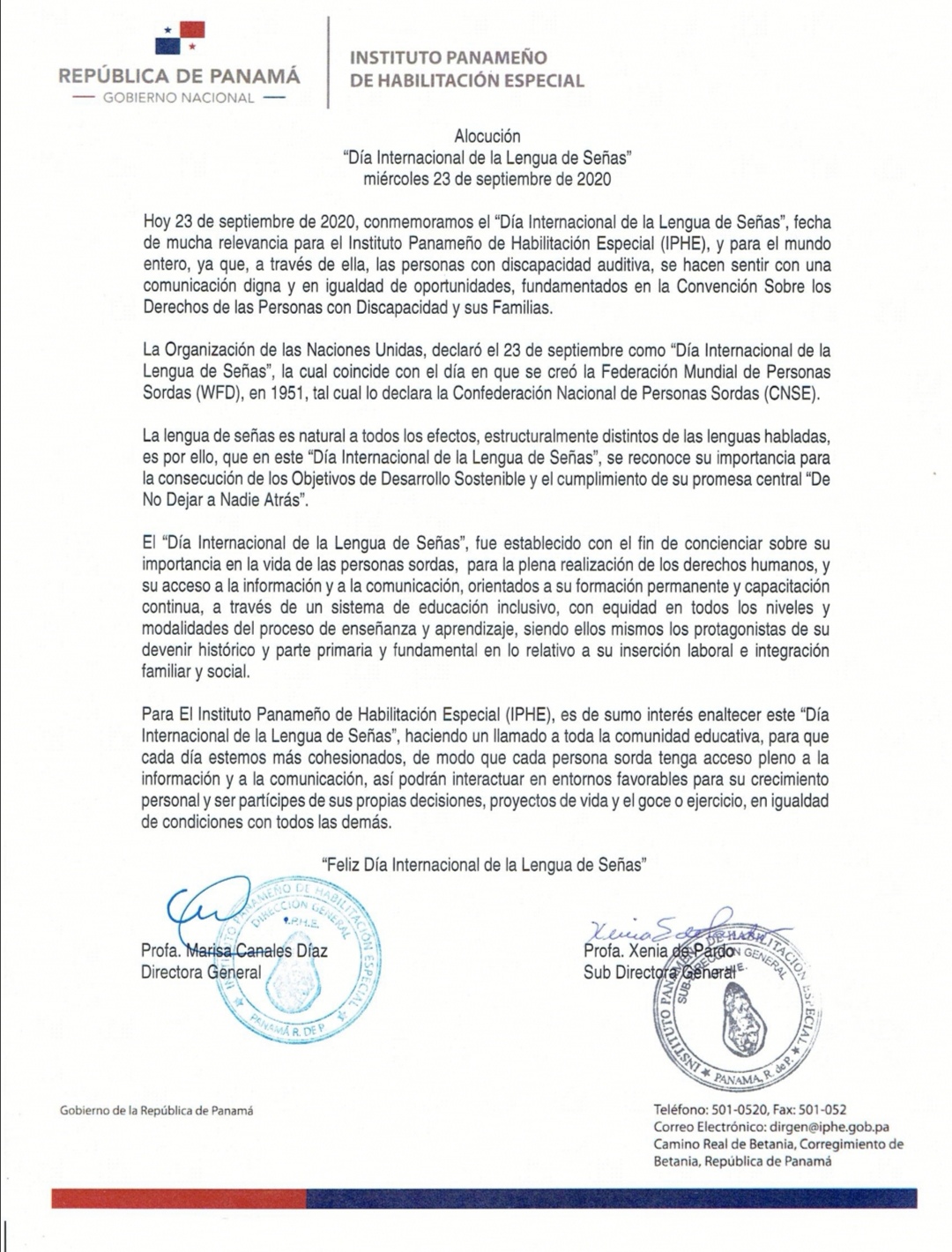 Alocución Día Internacional de la Lengua de Señas 23 de septiembre de 2020