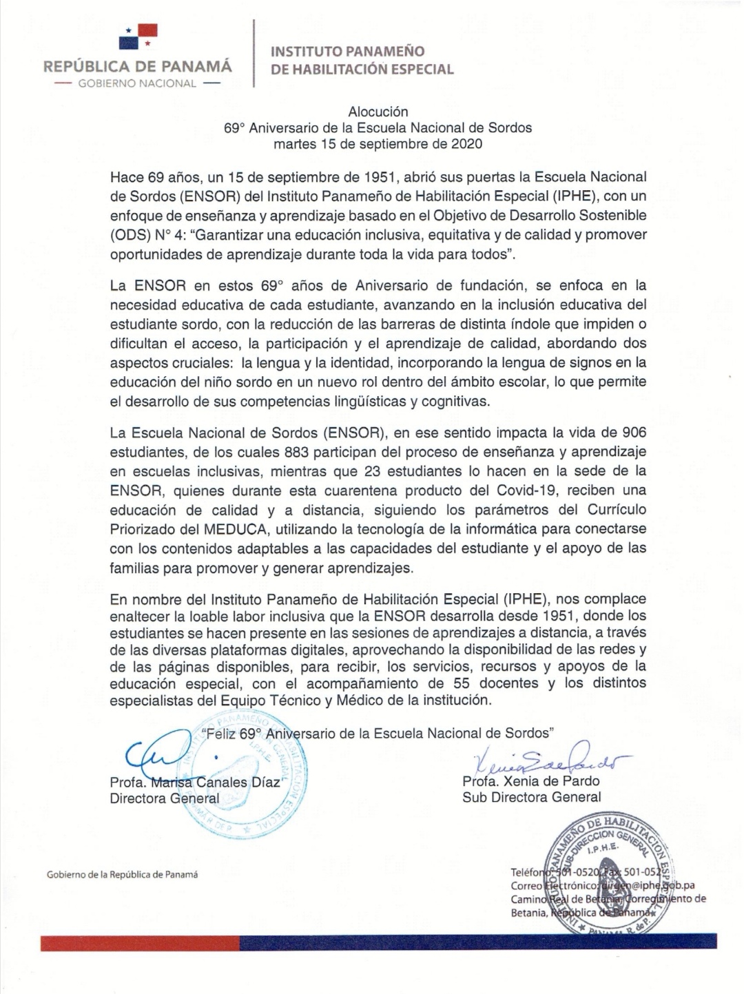 Alocución 69° Aniversario de la Escuela Nacional de Sordos 15 de septiembre de 2020