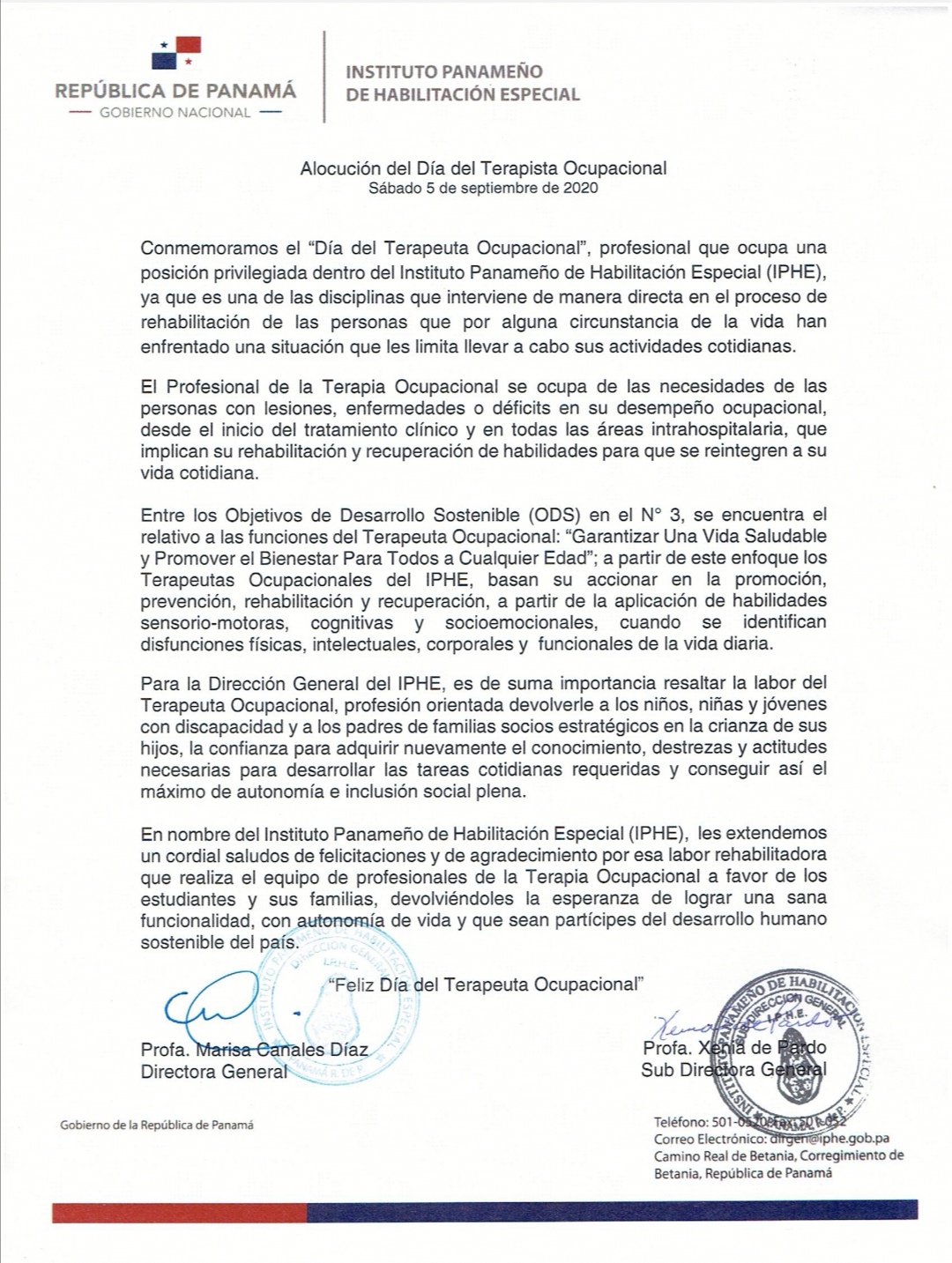 Alocución Día del Terapista Ocupacional 5 de septiembre de 2020
