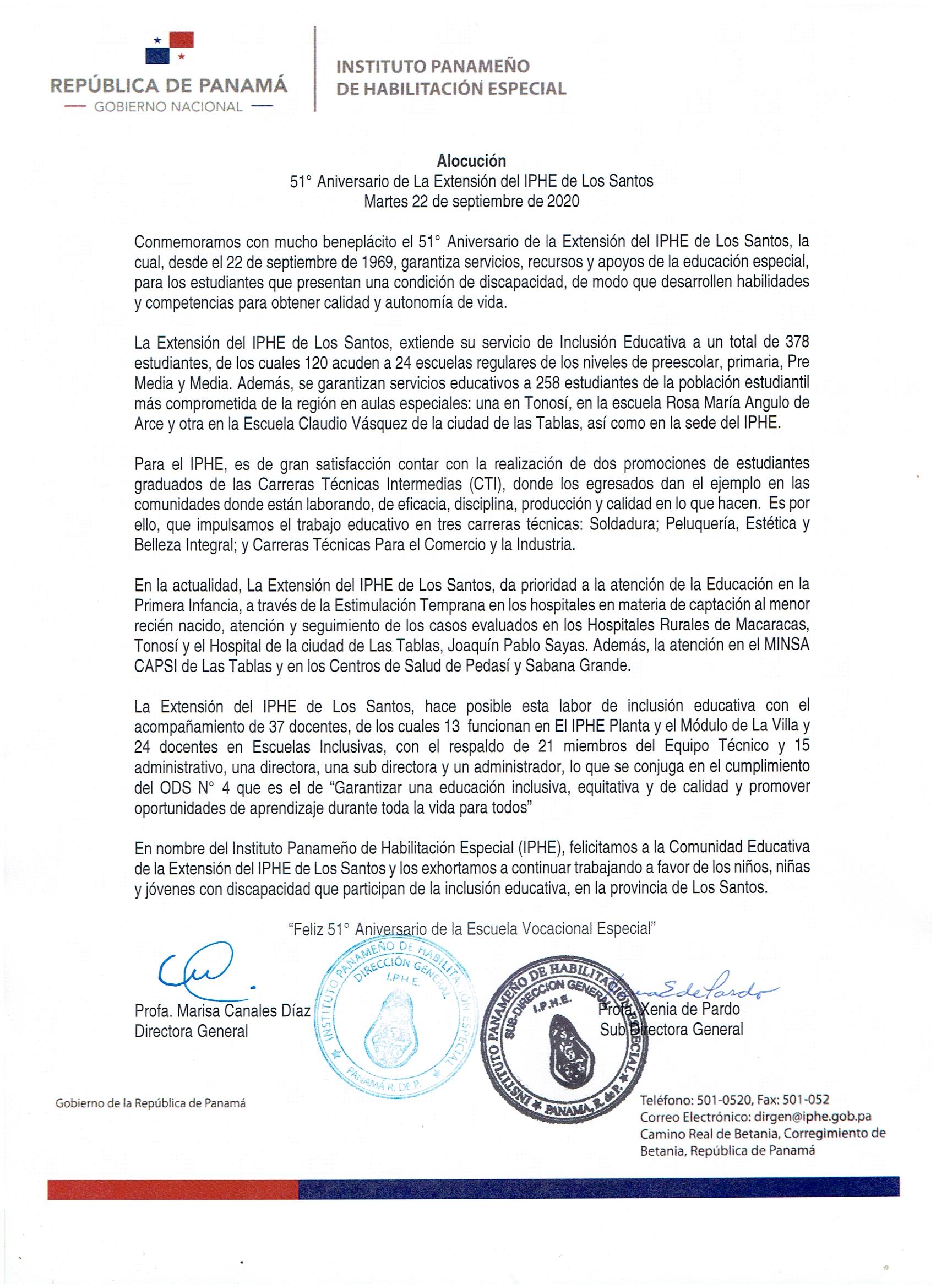Alocución 51° Aniversario de la Extensión de Los Santos 22 de septiembre