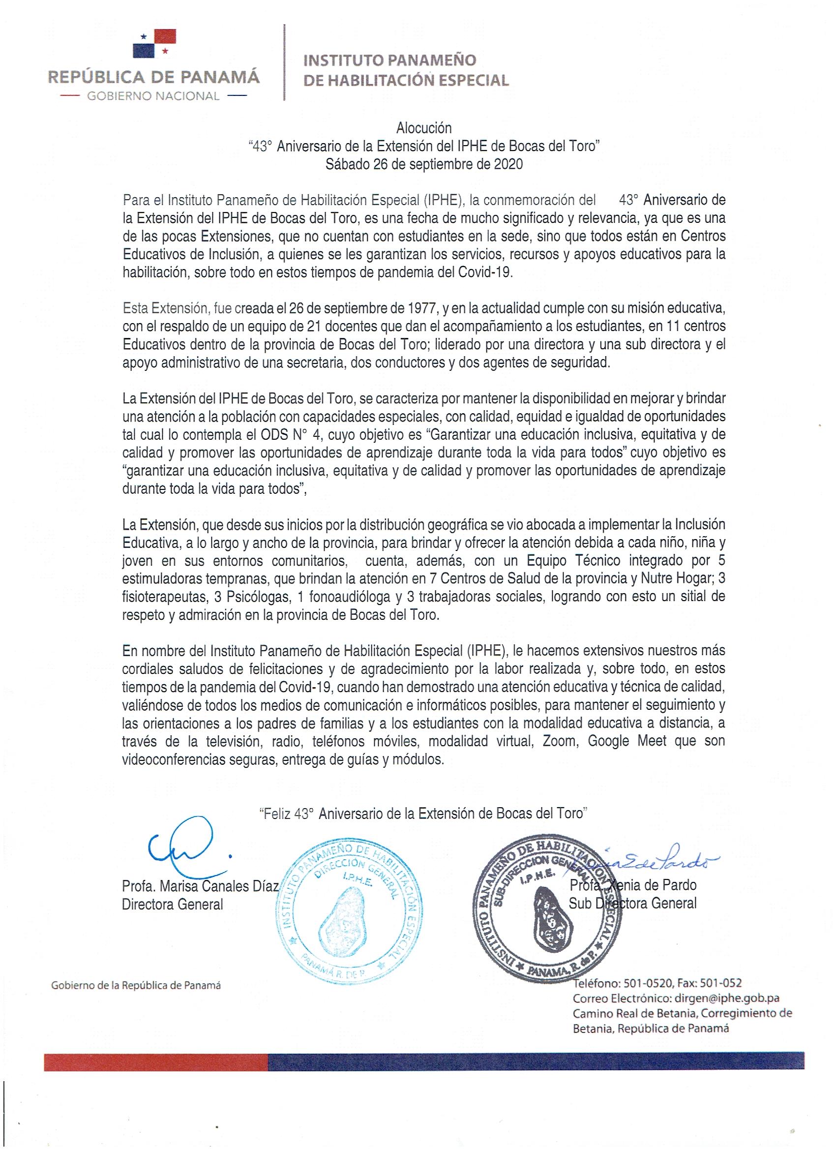 Alocución 43° Aniversario de la Extensión de Bocas del Toro 26 de septiembre.