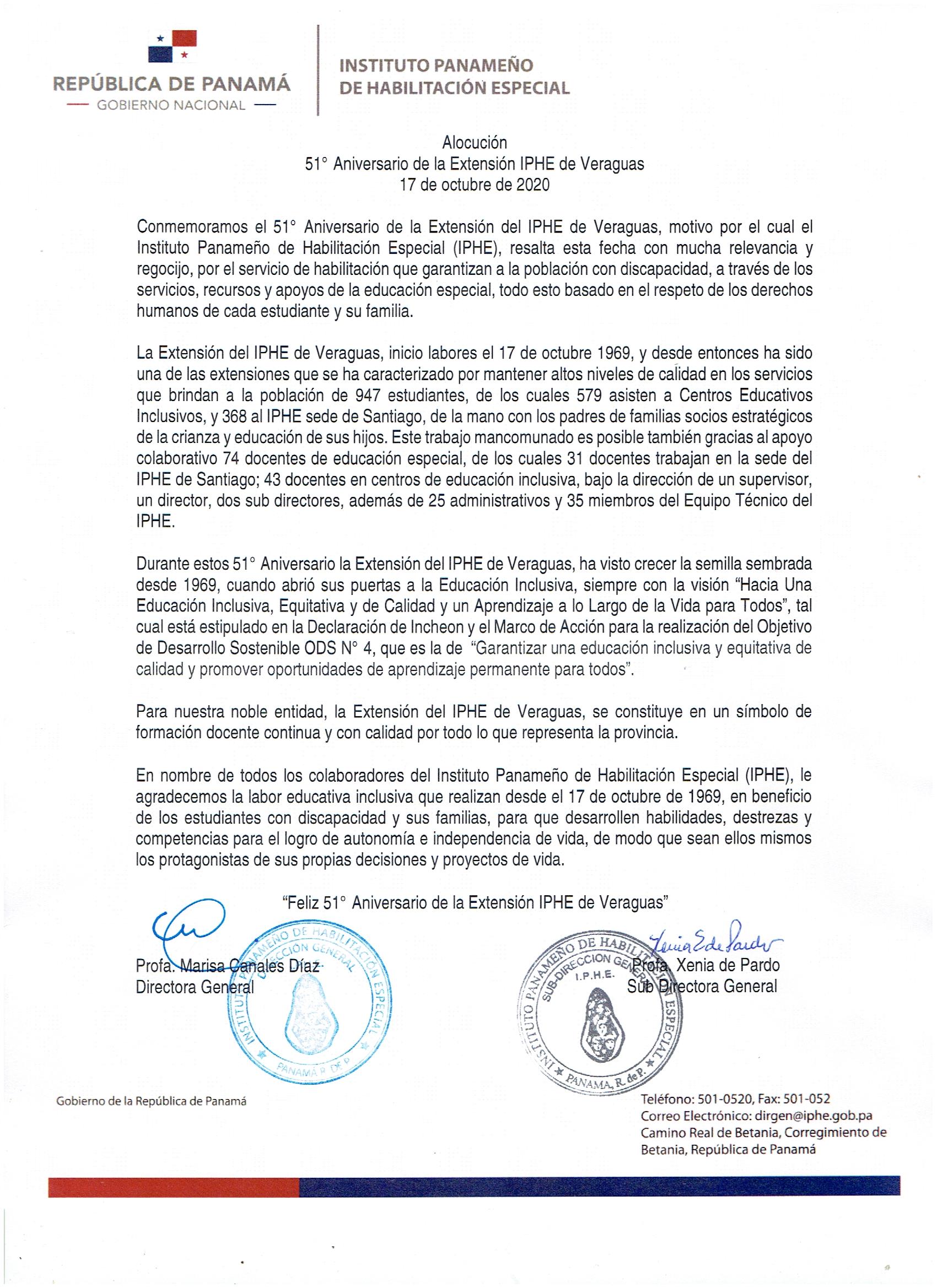 51° Aniversario de la Extensión IPHE de Veraguas 17 de octubre de 2020
