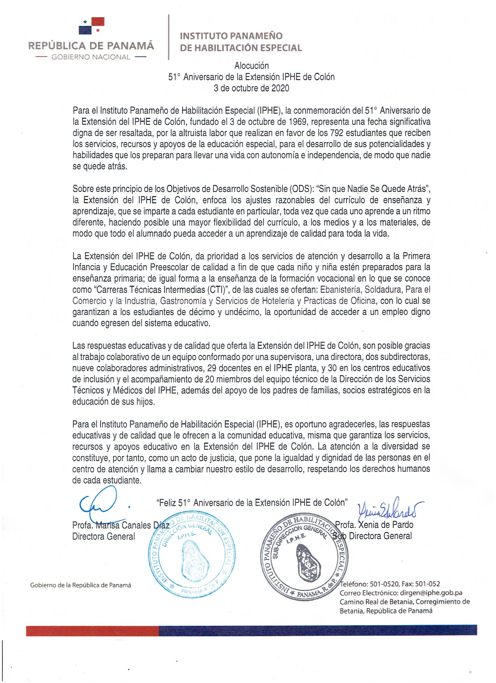 51° Aniversario de la Extensión IPHE de Colón 3 de octubre 2020