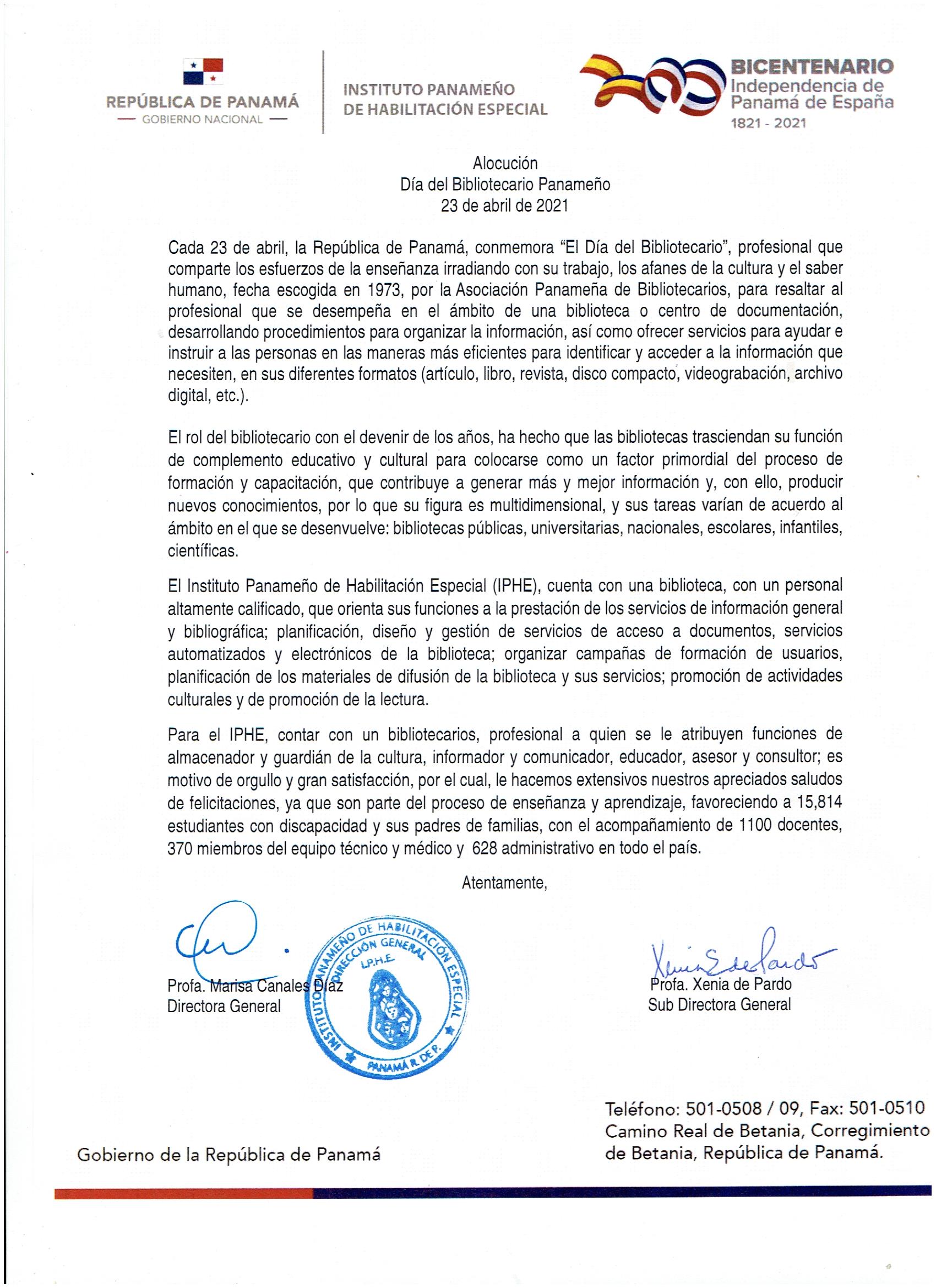 Alocución Día del Biblotecario Panameño 