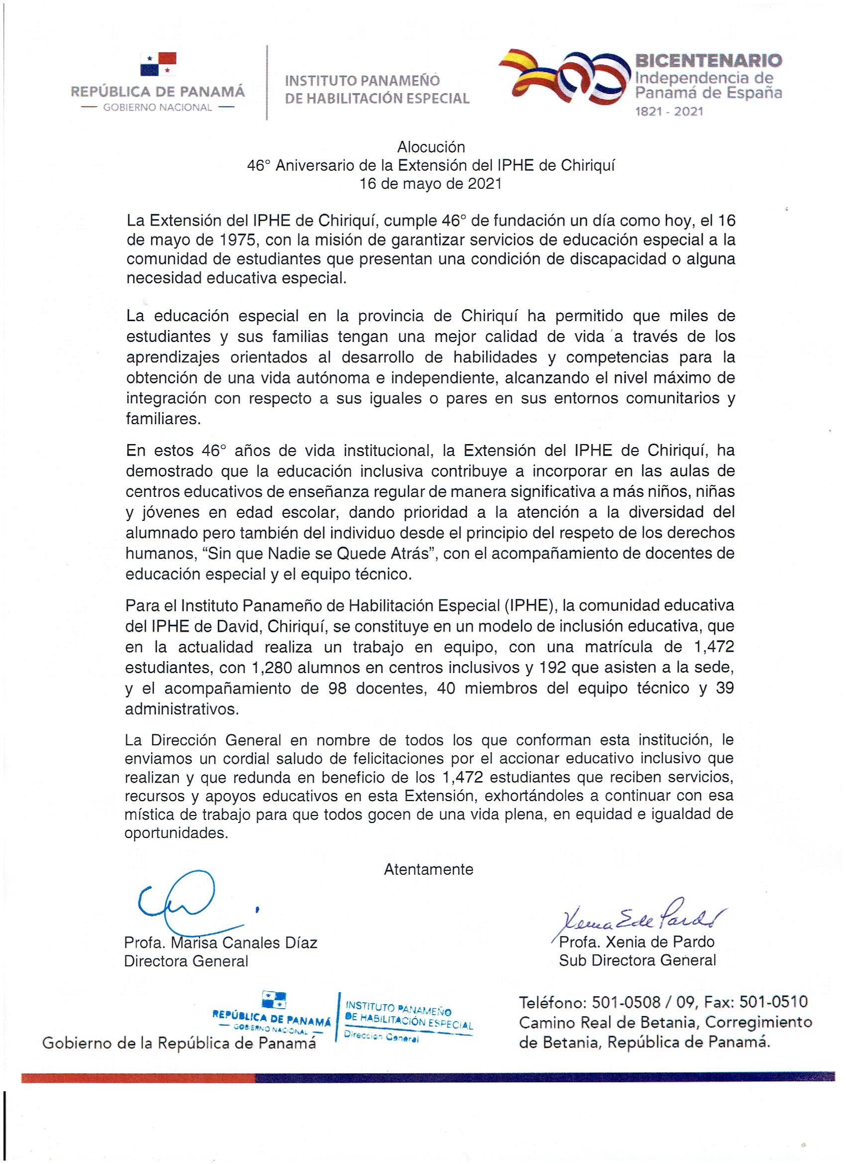 46º Aniversario de la Extensión del IPHE de Chiriquí 