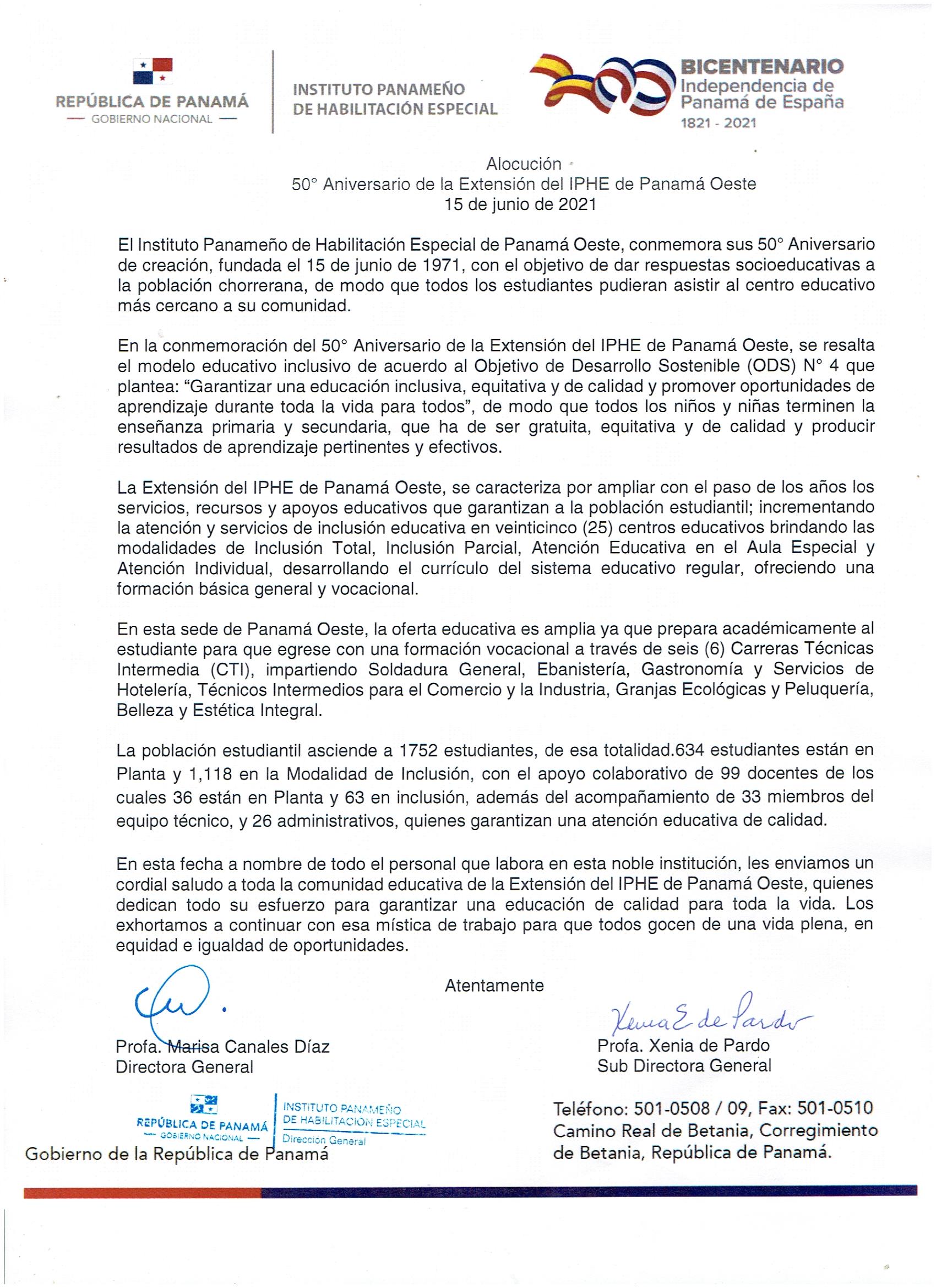 50º Aniversario de la Extensión del IPHE de Panamá Oeste