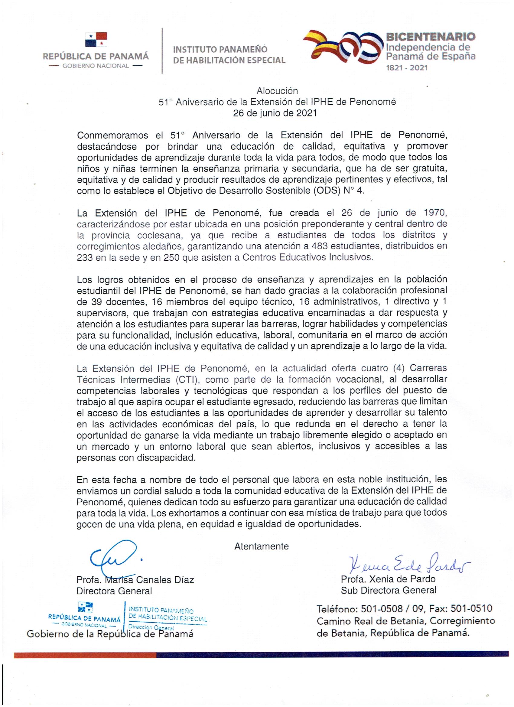 51º Aniversario de la Extensión del IPHE de Penonomé 