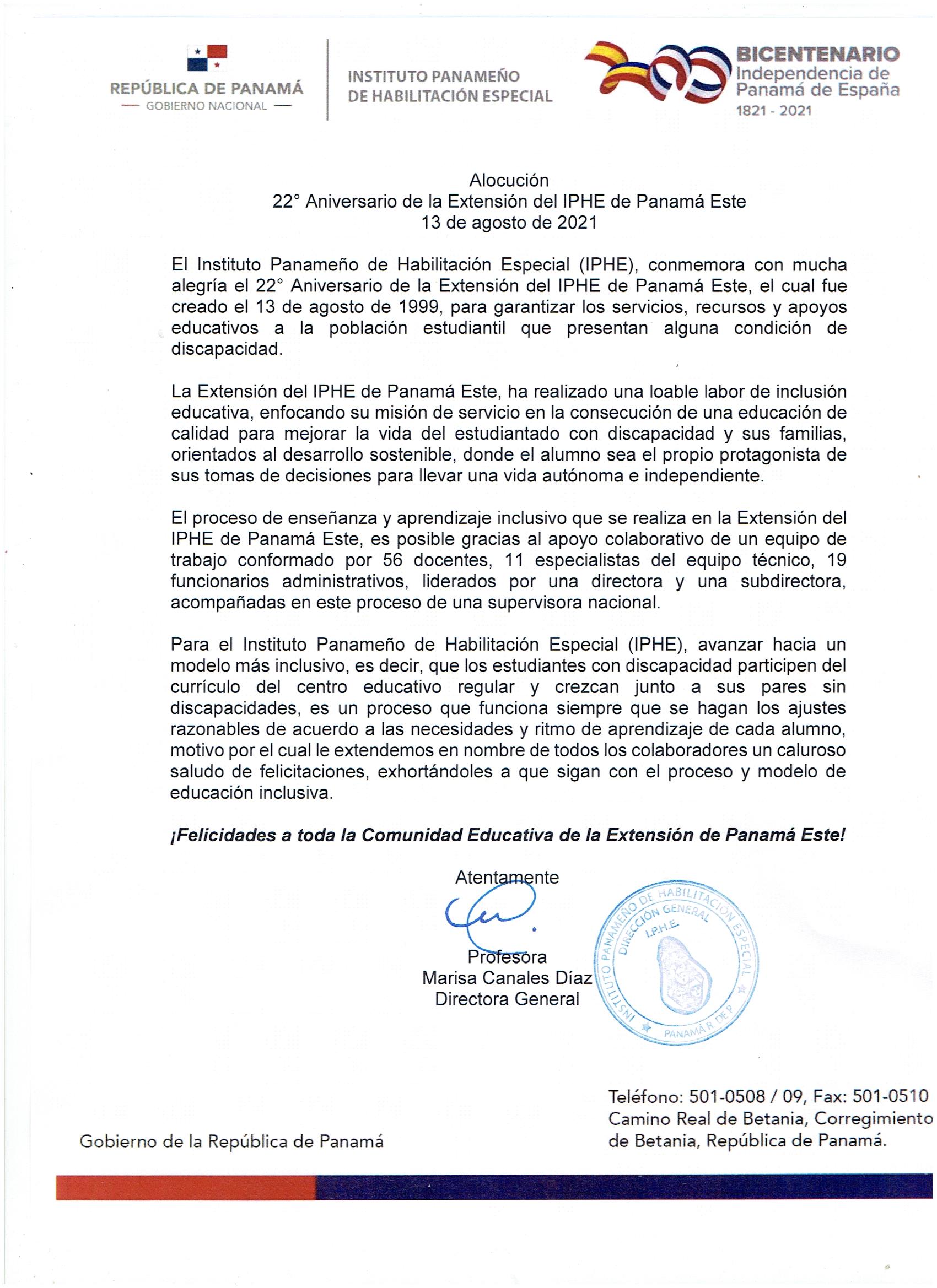 22° Aniversario de la Extensión del IPHE de Panamá Este 