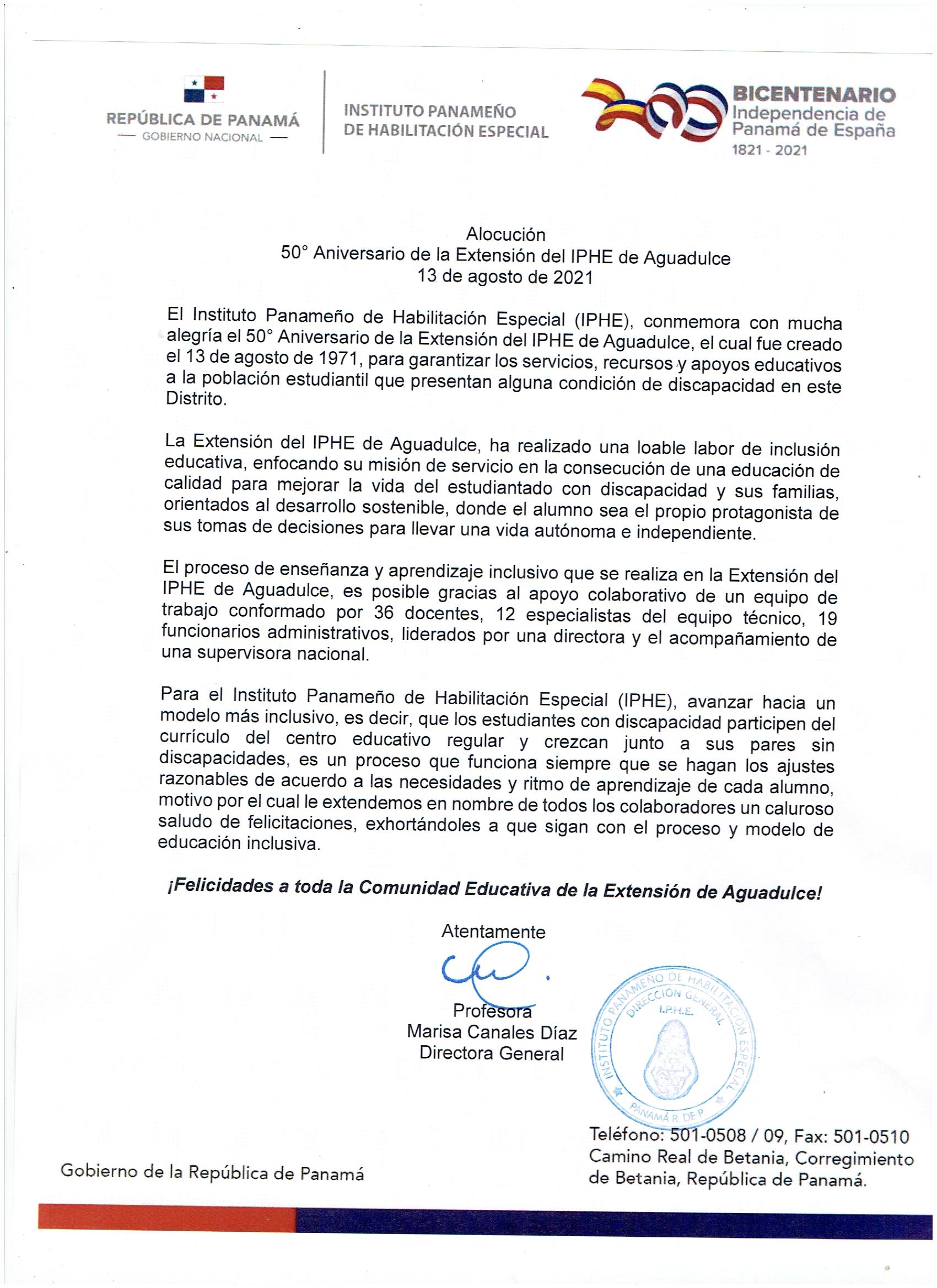 50° Aniversario de la Extensión del IPHE de Aguadulce