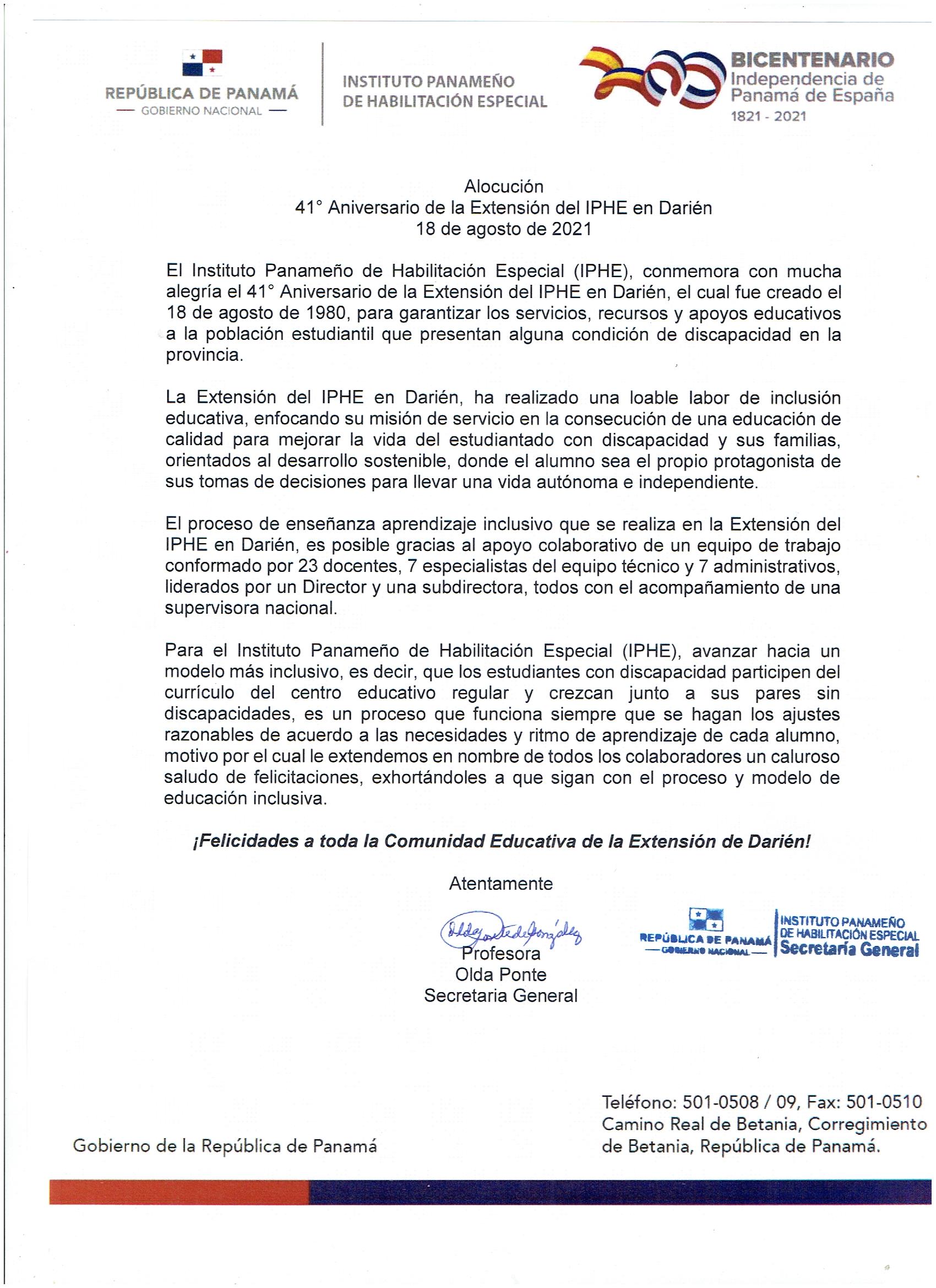 41° Aniversario de la Extensión del IPHE en Darien