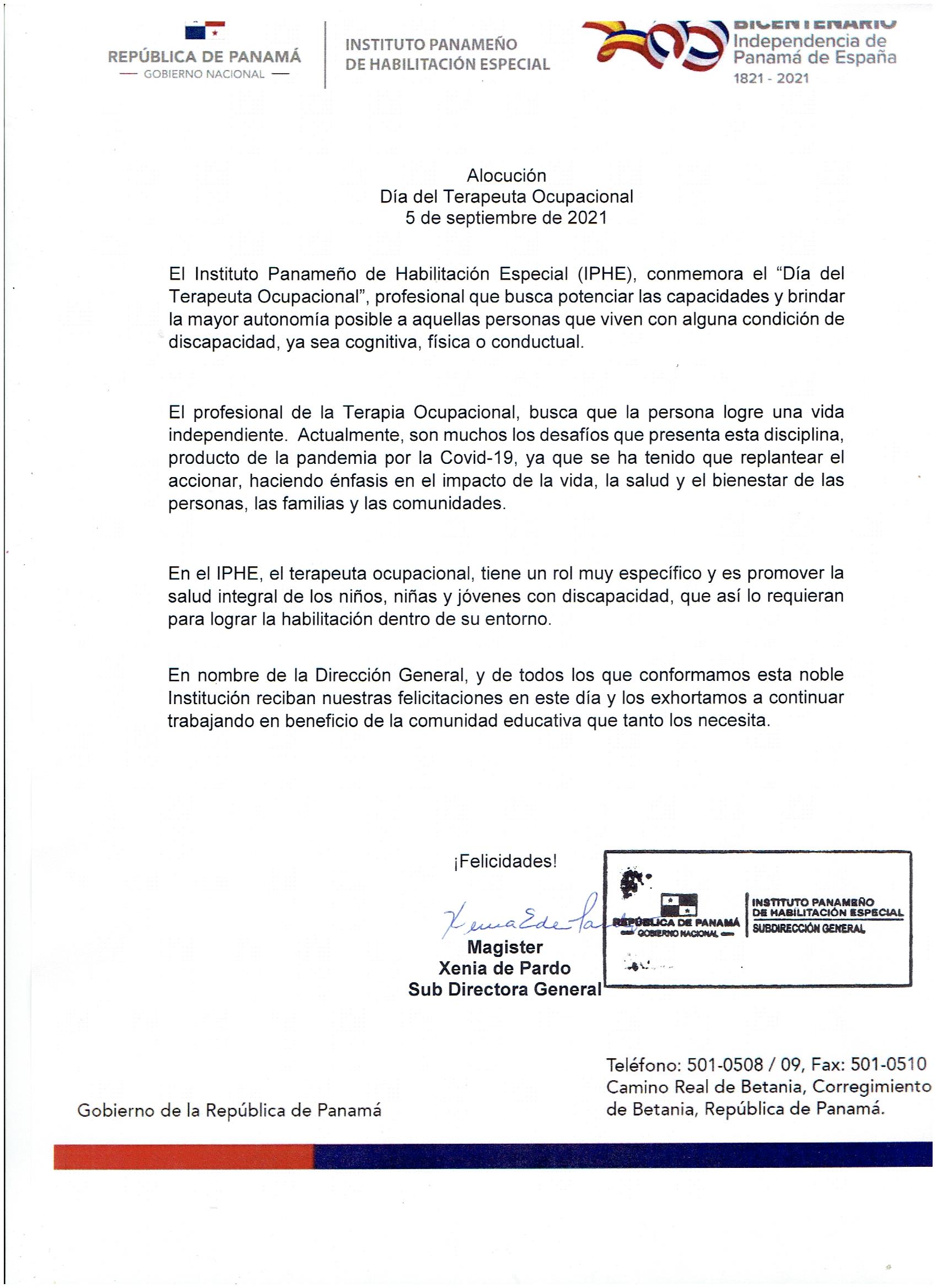 Alocución Día del Terapista Ocupacional 5 de septiembre de 2021