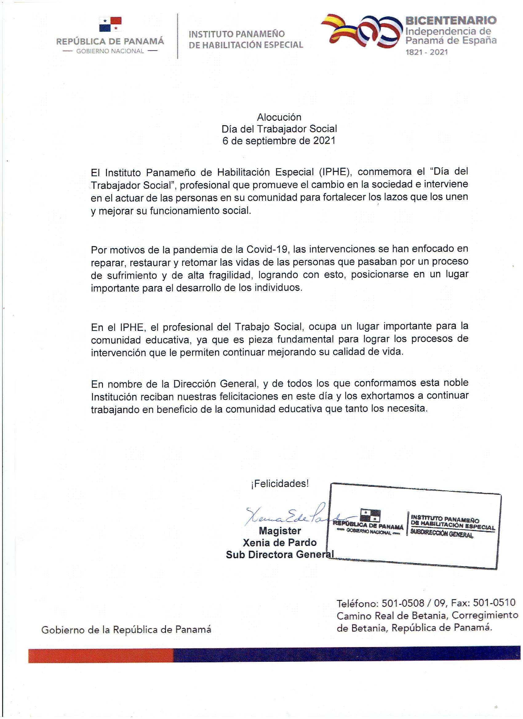 Alocución Día del Trabajador Social 6 de septiembre de 2021