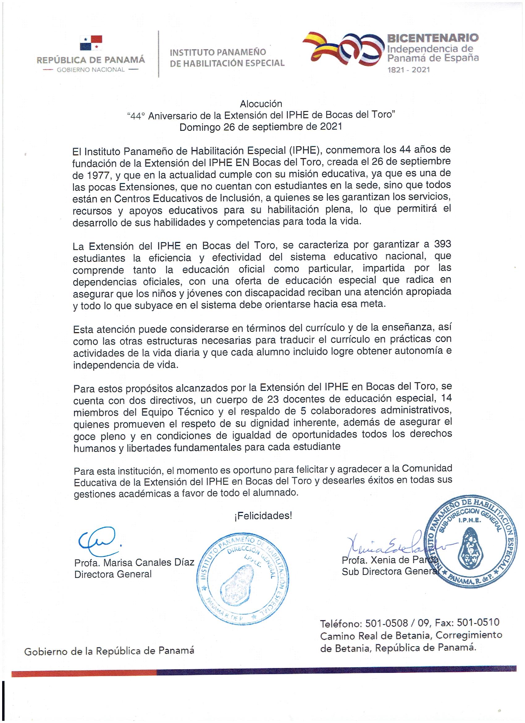 44º Aniversario de La Extensión del IPHE de Bocas del Toro 