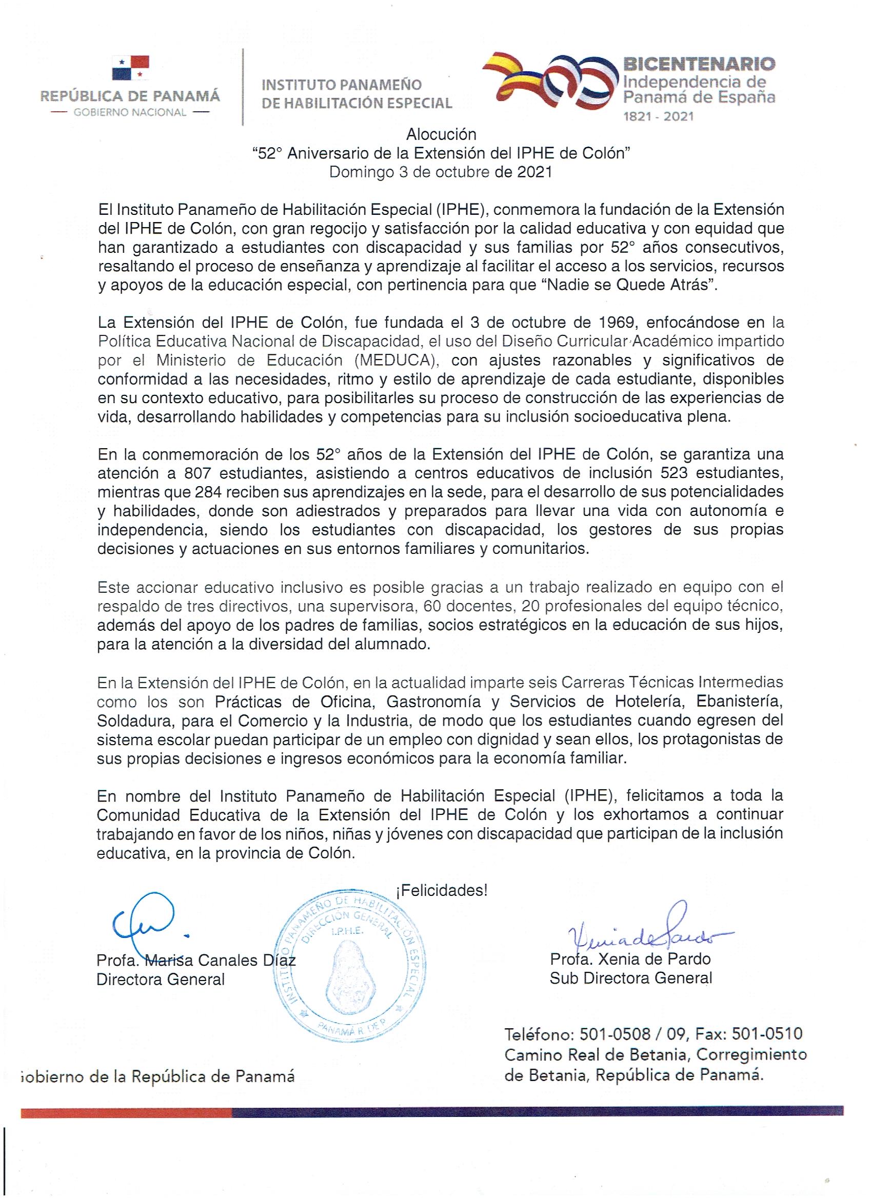52° Aniversario de la Extensión del IPHE de Colón 