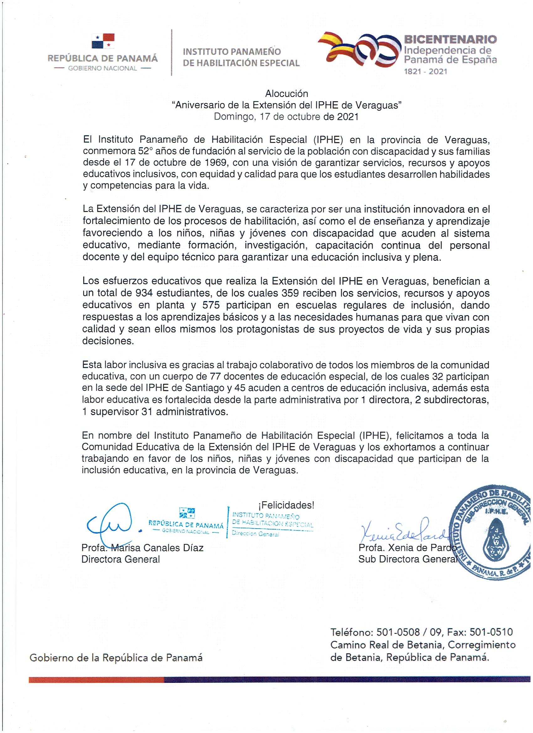Aniversario de la Extensión del IPHE de Veraguas 