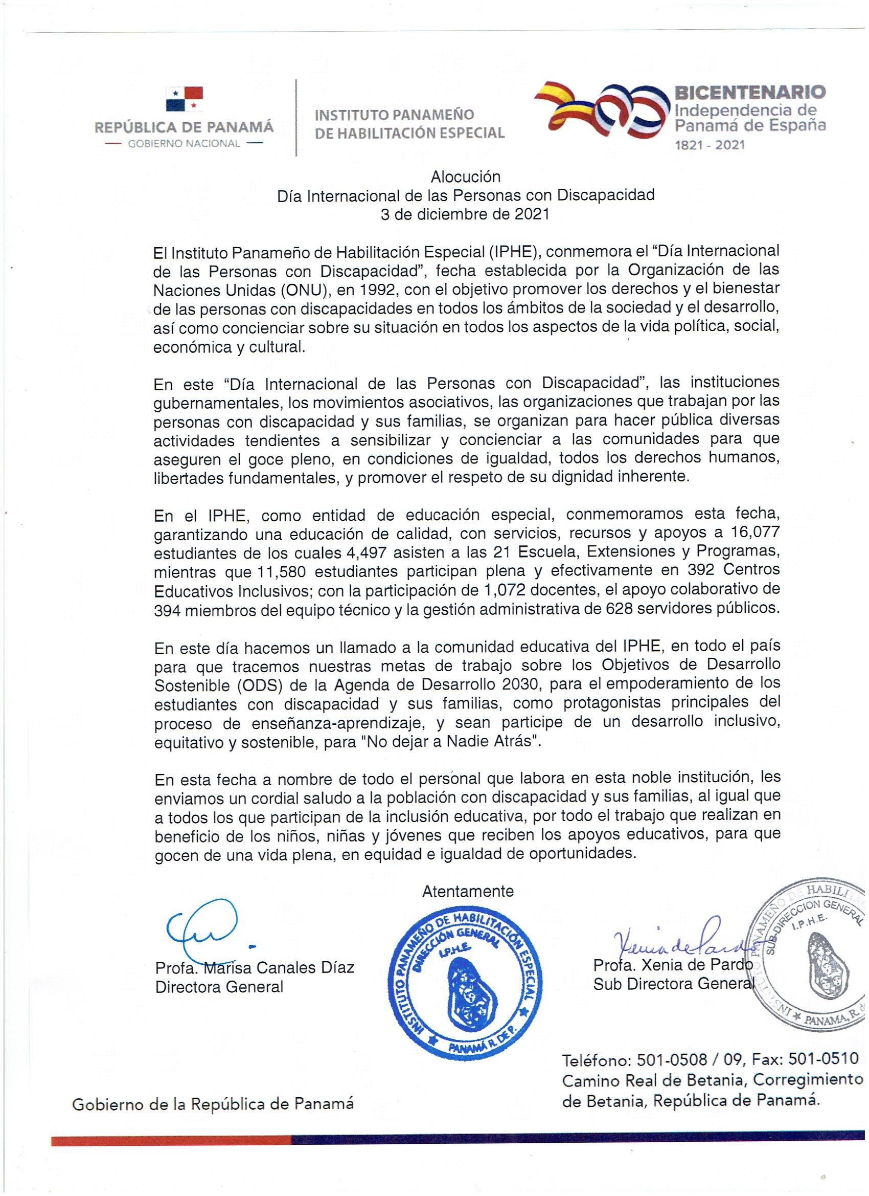 Alocución Día Internacional de las Personas con Discapacidad 