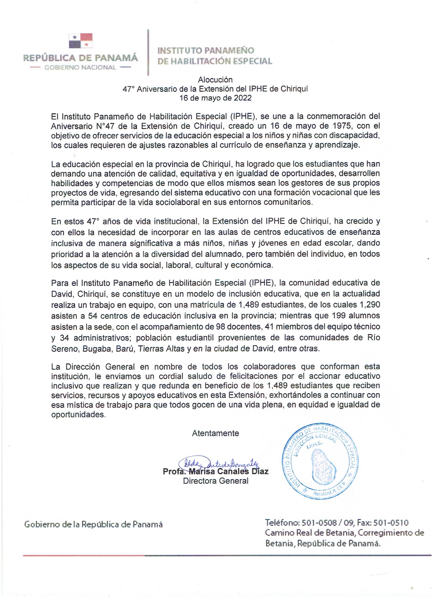 47º Aniversario de la Extensión del IPHE de Chiriquí