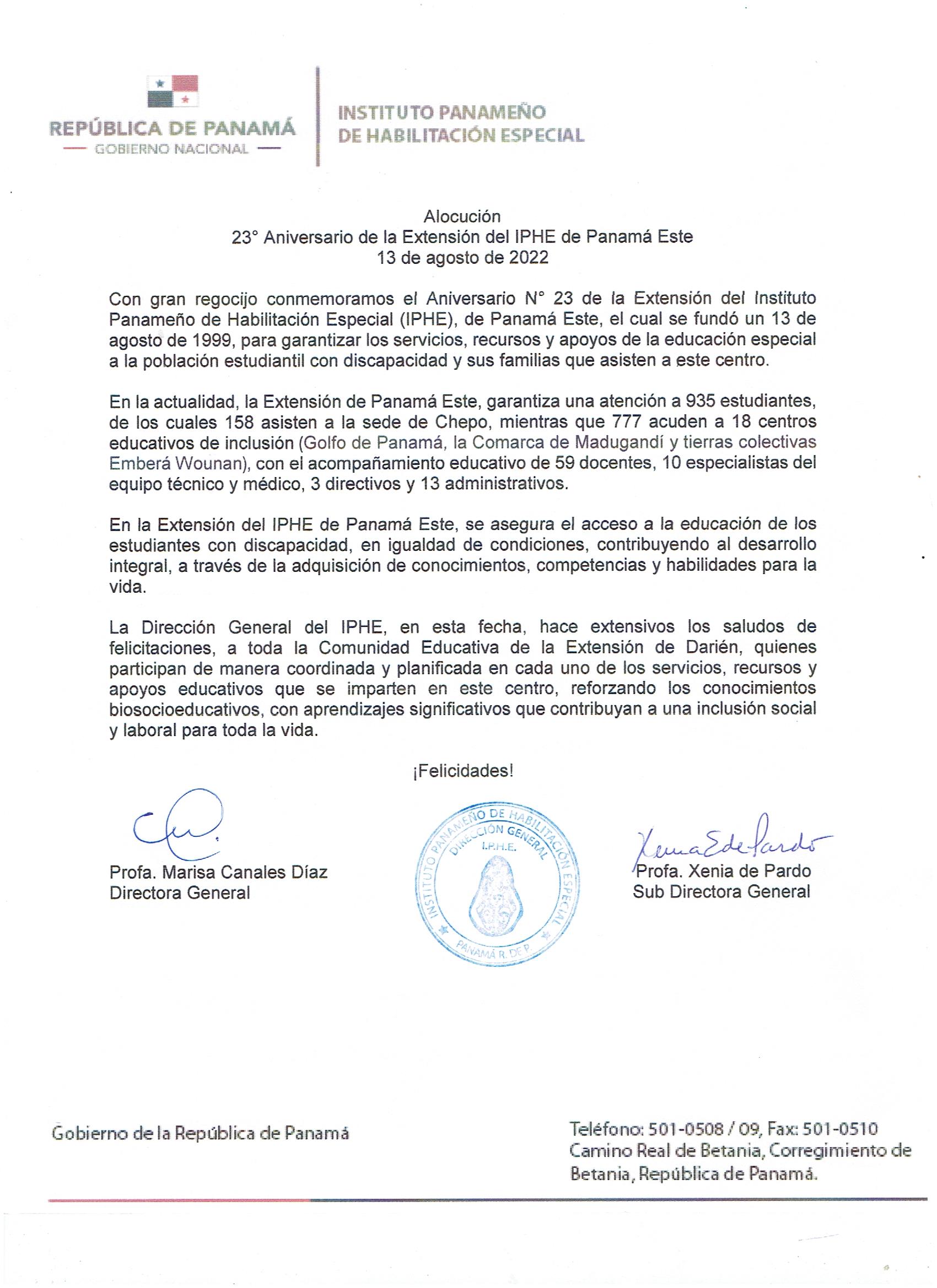 23º Aniversario de la Extensión del IPHE de Panamá Este
