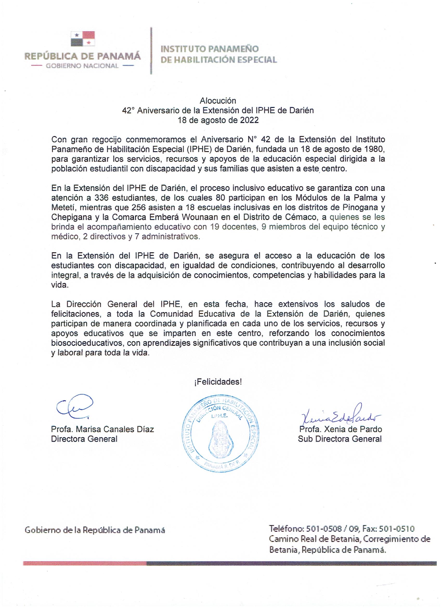 42º Aniversario de la Extensión del IPHE de Daríen 