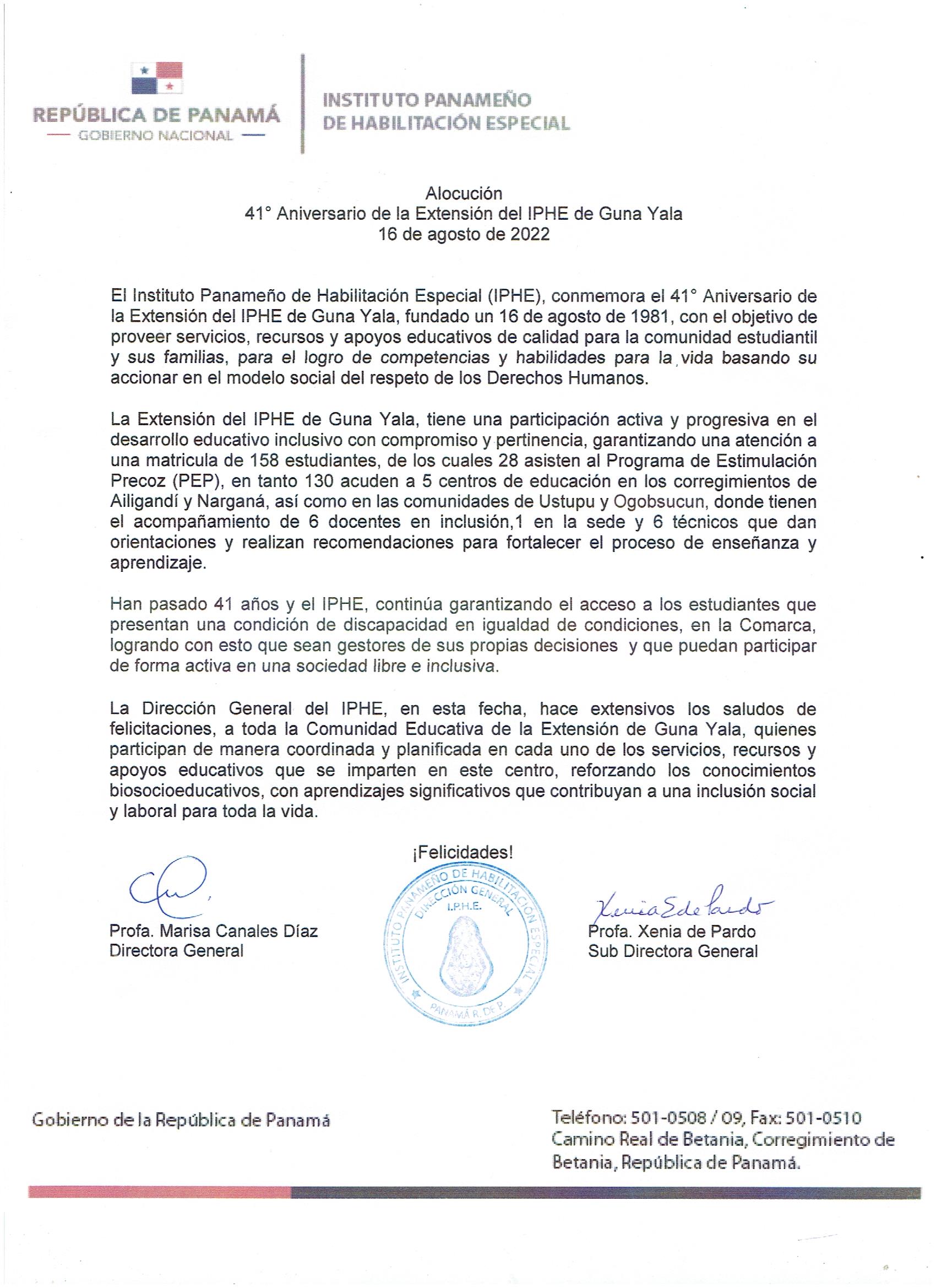 41º Aniversario de  la Extensión del IPHE de Guna Yala