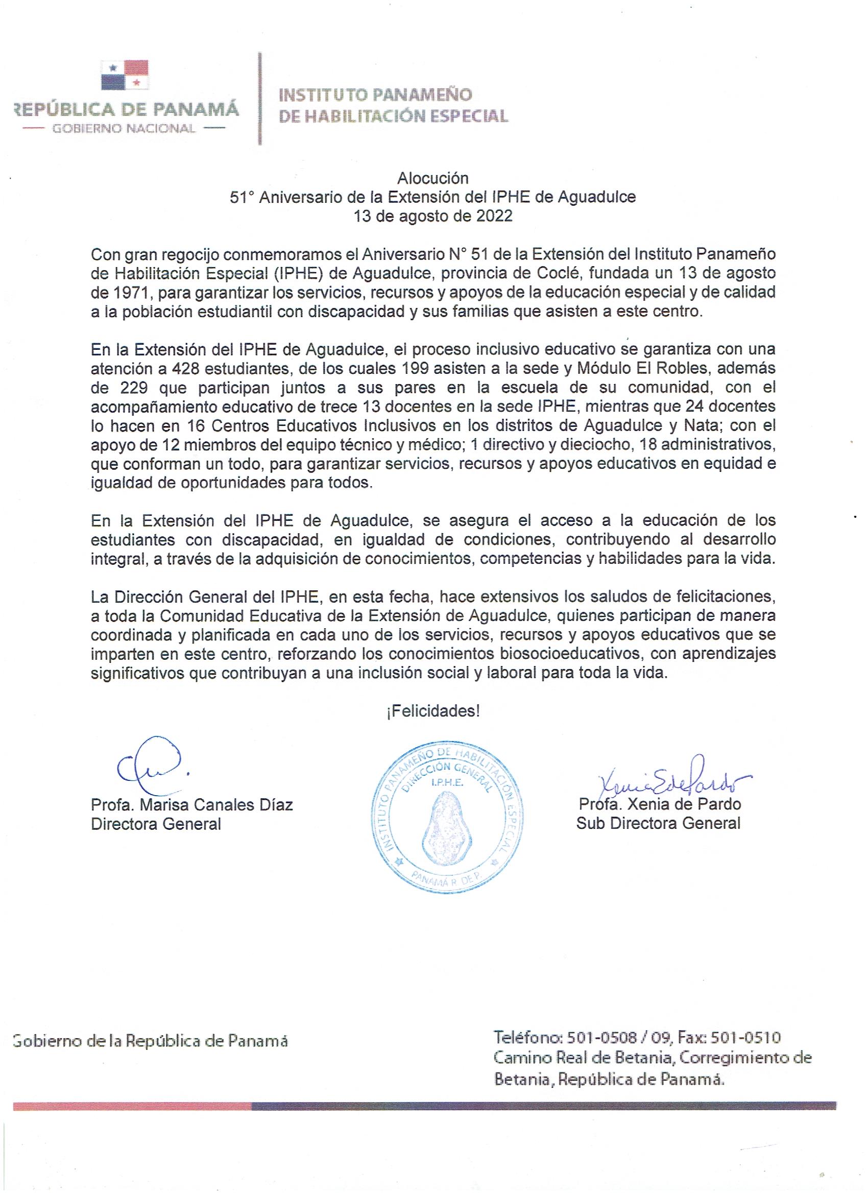 51º Aniversario de la Extensión del IPHE de Aguadulce