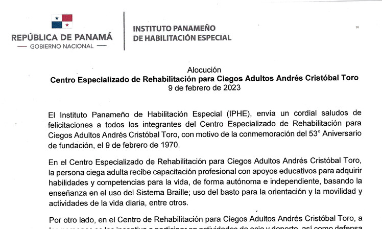 Aniversario del Centro Especializado de Rehabilitaciòn para Ciegos Adultos Andrés Cristóbal Toro